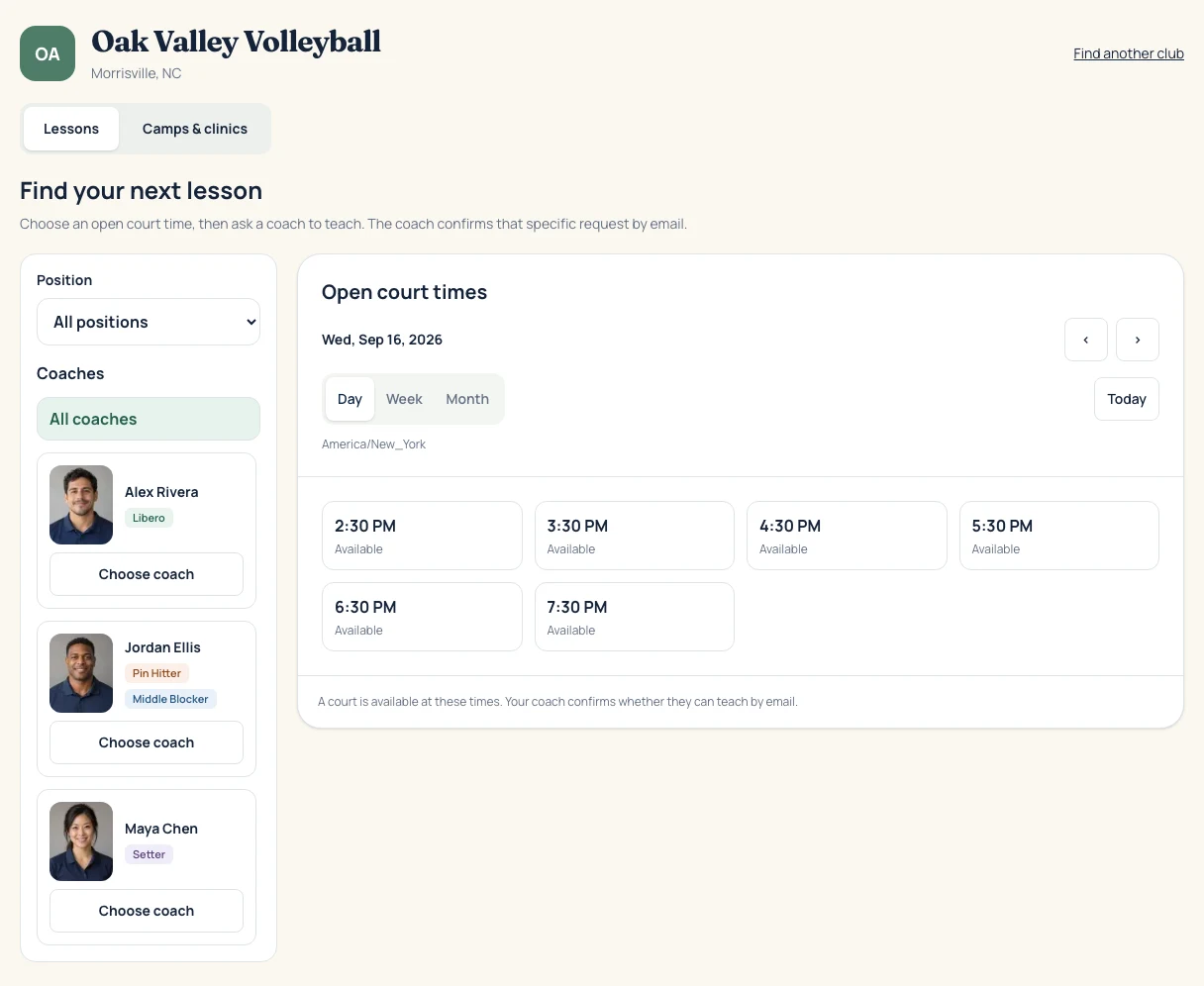 Club booking page with coach specialties alongside available one-hour lesson times.