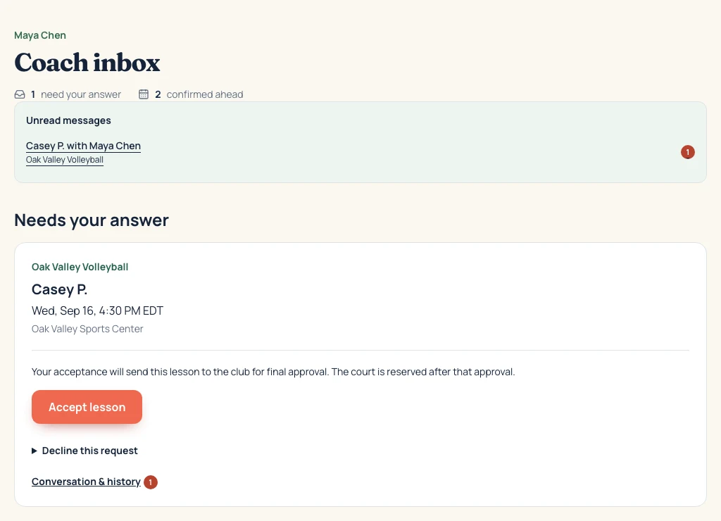 Coach inbox with a request’s date and venue, Accept lesson button, Decline this request option, and Conversation & history link.